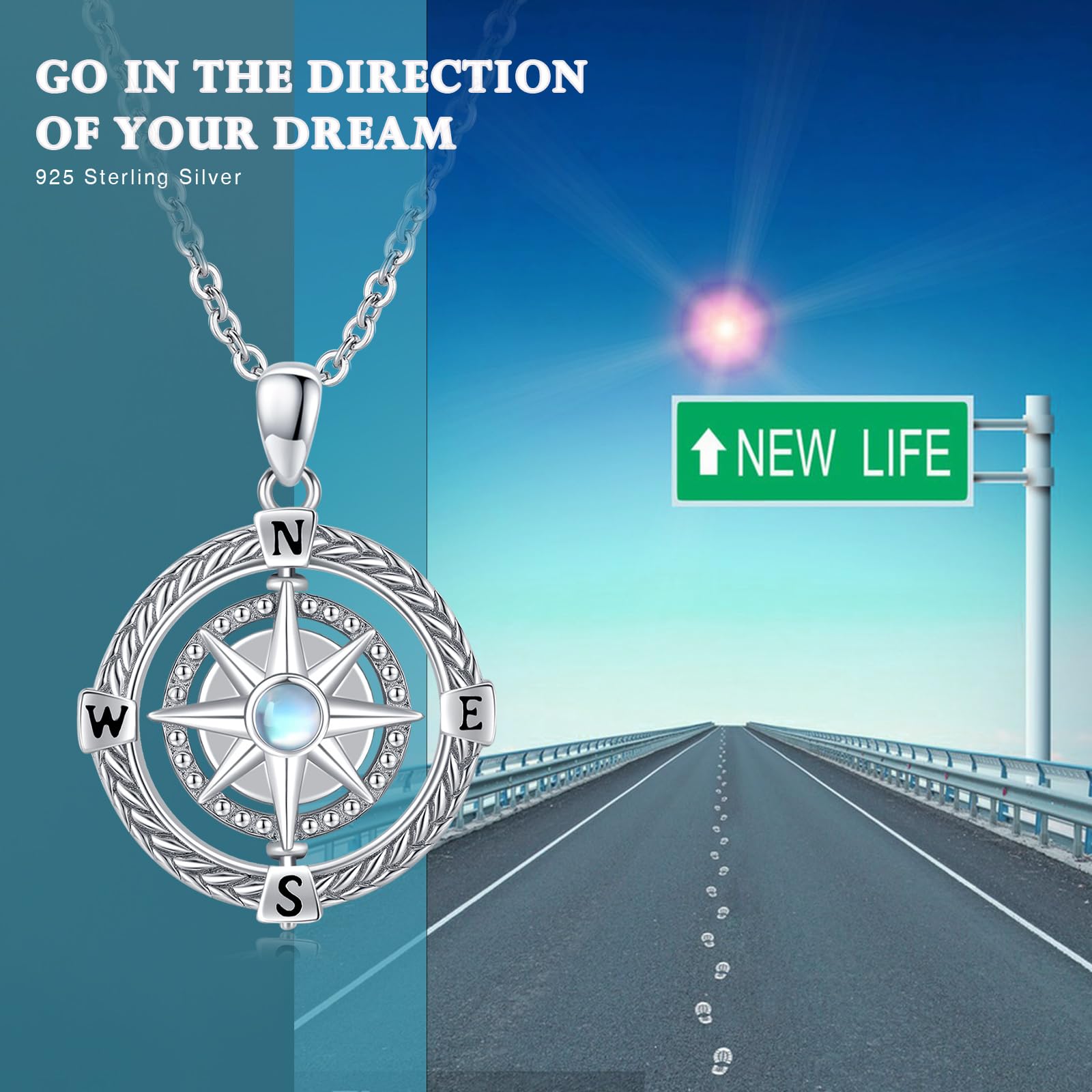 Go in the Direction of Your Dream Compass Necklace Irish Celtic Knot Round Medallion Compass Pendant for Men Women 925 Sterling Silver Moonstone Graduation Birthday Jewelry Gift 18"+2"