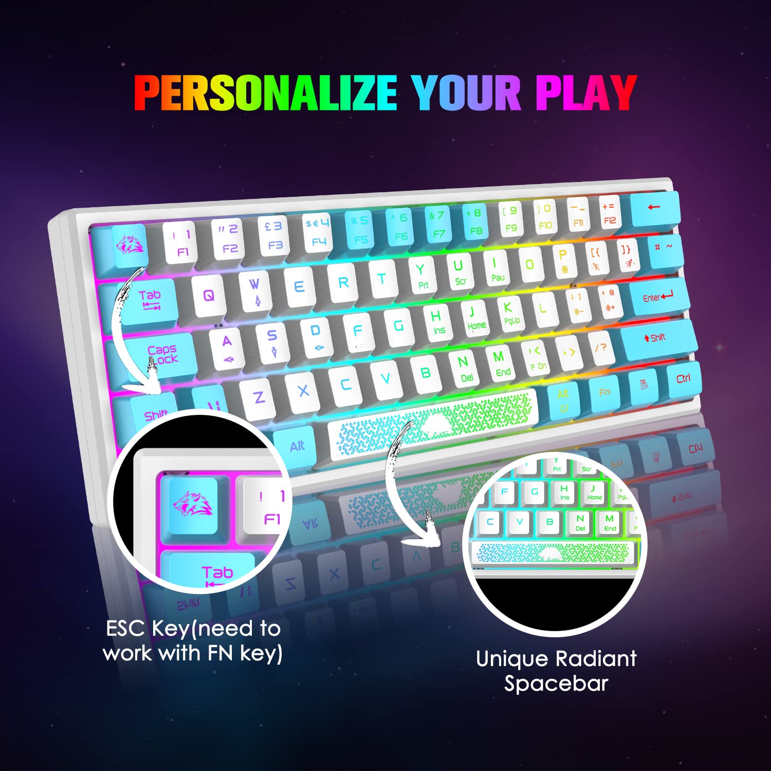 60% Gaming Keyboard and Mouse Combo Samll Mini RGB Backlight Mechanical Feeling and Mechanical RGB 6400 DPI Honeycomb Optical Mouse,Gaming Mouse pad for Gamers and Typists (White & Blue)