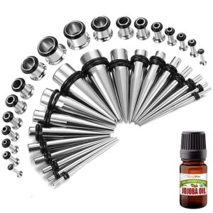 BodyJ4You 38PC Gauges Kit Ear Stretching Jojoba Oil Wax 14G-00G Surgical Steel Tunnel Plug Taper Set