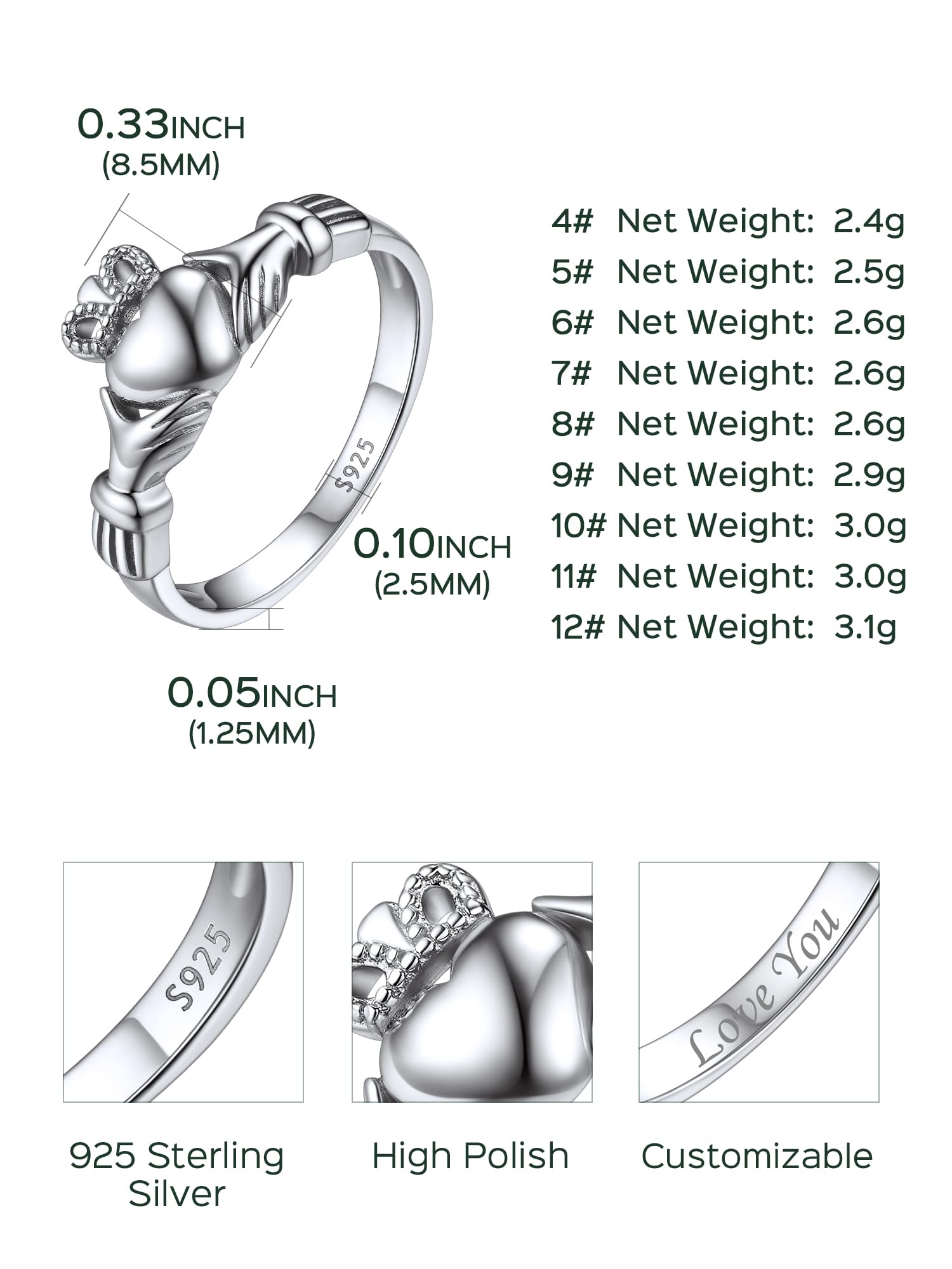 ChicSilver Claddagh Rings for Women Irish Heart Rings for Women 925 Sterling Silver Rings for Women