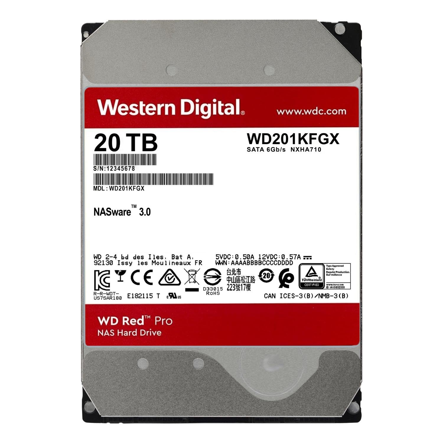 Western Digital 20TB WD Red Pro NAS Internal Hard Drive HDD - 7200 RPM, SATA 6 Gb/s, CMR, 512 MB Cache, 3.5" - WD201KFGX