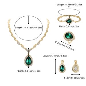 BriLove Womens Africa 18k Gold Plated Jewelry Set Crystal Petals Teardrop Cluster Bib Statement Necklace Bracelet Earrings Ring for Prom Emerald Color Gold-Toned