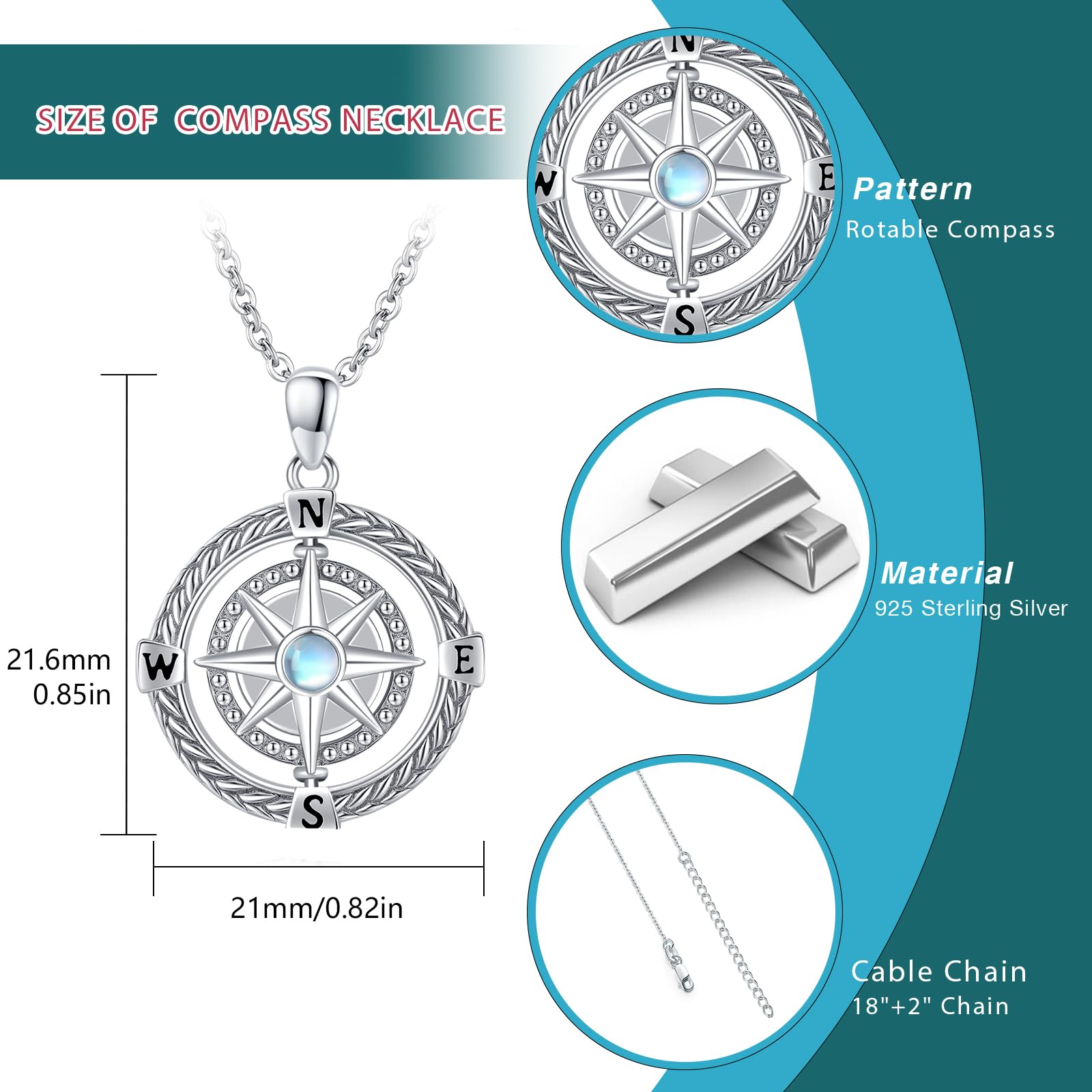 Go in the Direction of Your Dream Compass Necklace Irish Celtic Knot Round Medallion Compass Pendant for Men Women 925 Sterling Silver Moonstone Graduation Birthday Jewelry Gift 18"+2"