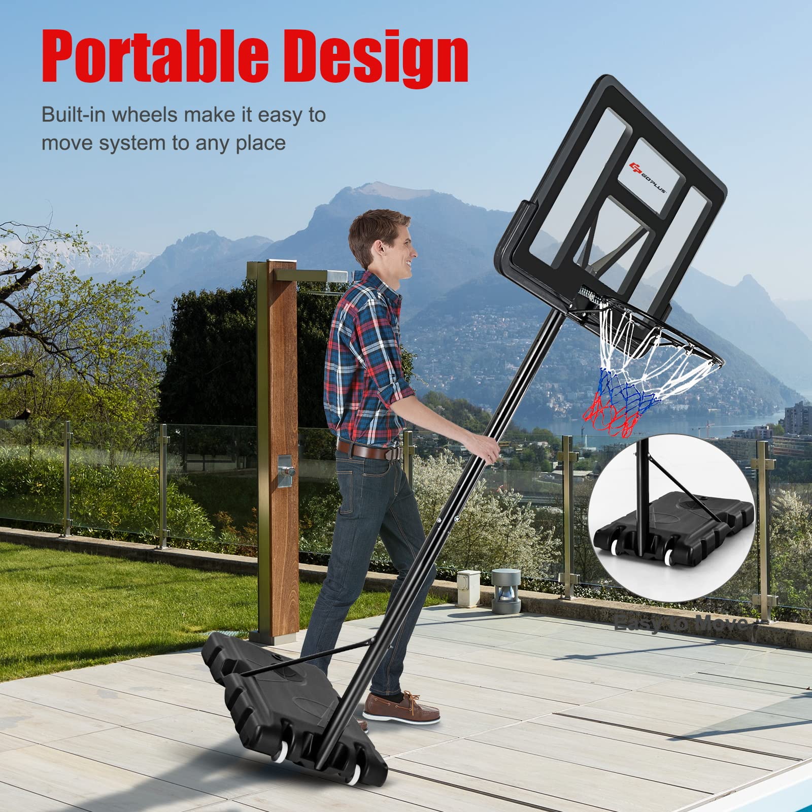 Goplus Portable Basketball Hoop, 10FT Height Adjustable Basketball Goal w/44‘’ Shatterproof Backboard, Outdoor Basketball Stand for Adults Teens Backyard Driveway (4.25-10FT, 12-Level, Upgrade Steel)