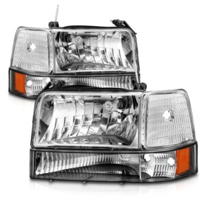 AmeriLite for 1992-1996 Ford F150 F250 F350 Bronco Truck Chrome Replacement Headlight Assembly w/Bumper Corner Lamp Set - Driver and Passenger Side