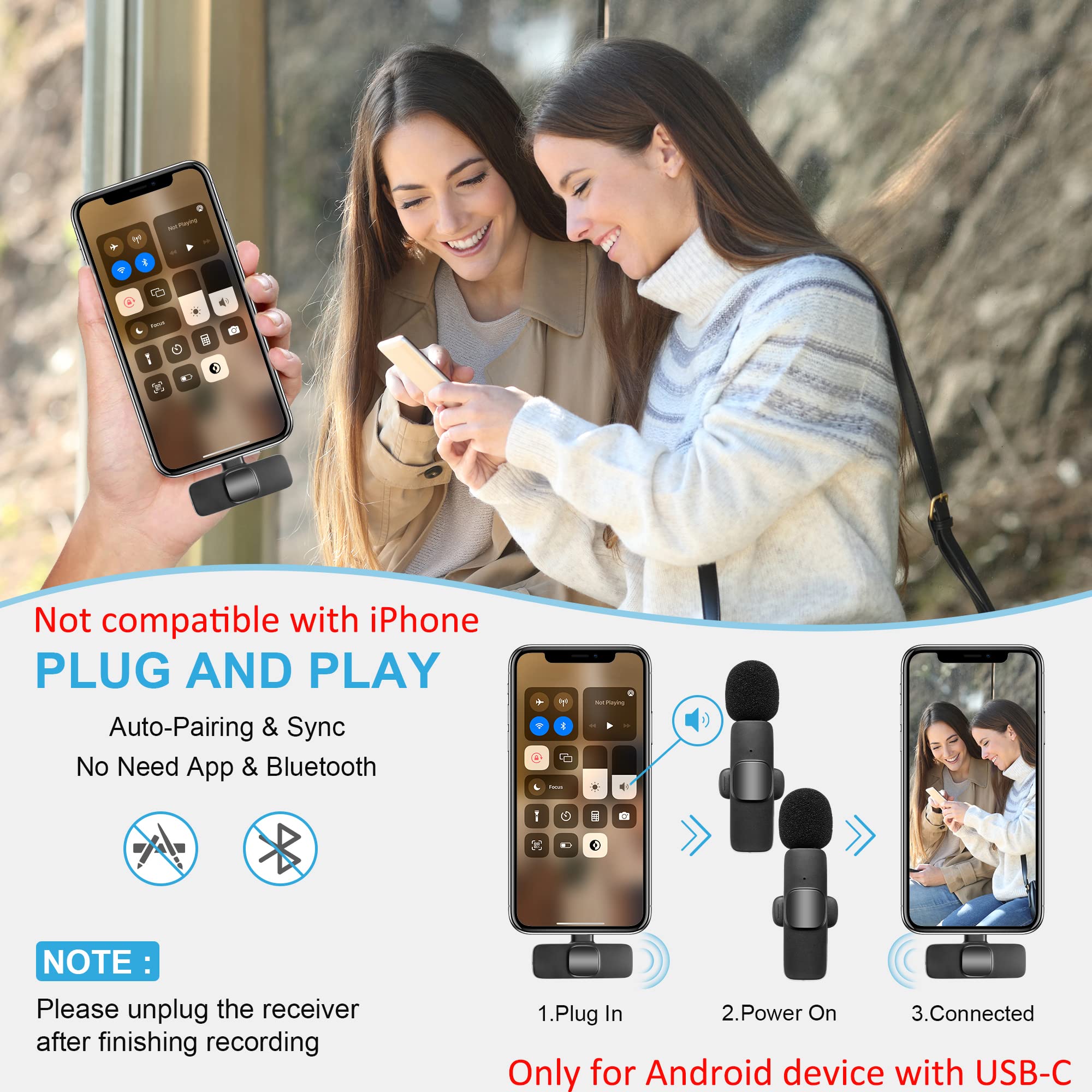 Wireless Lavalier Microphone for Phone(USB-C), Dual Wireless Microphone for Video Recording, Live Stream, Vlog, YouTube, TikTok, Facebook, Zoom - Noise Reduction & Plug-Play(No Need App/Bluetooth)