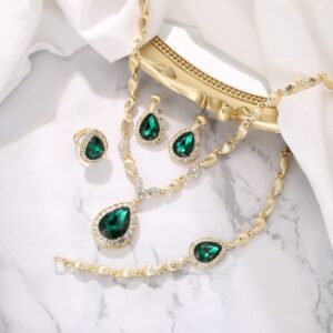 BriLove Womens Africa 18k Gold Plated Jewelry Set Crystal Petals Teardrop Cluster Bib Statement Necklace Bracelet Earrings Ring for Prom Emerald Color Gold-Toned