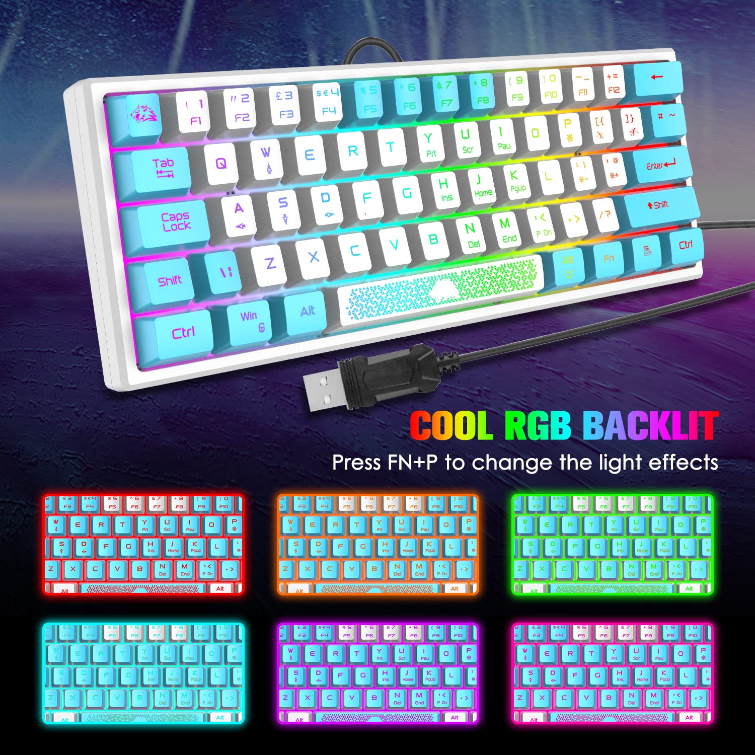 60% Gaming Keyboard and Mouse Combo Samll Mini RGB Backlight Mechanical Feeling and Mechanical RGB 6400 DPI Honeycomb Optical Mouse,Gaming Mouse pad for Gamers and Typists (White & Blue)