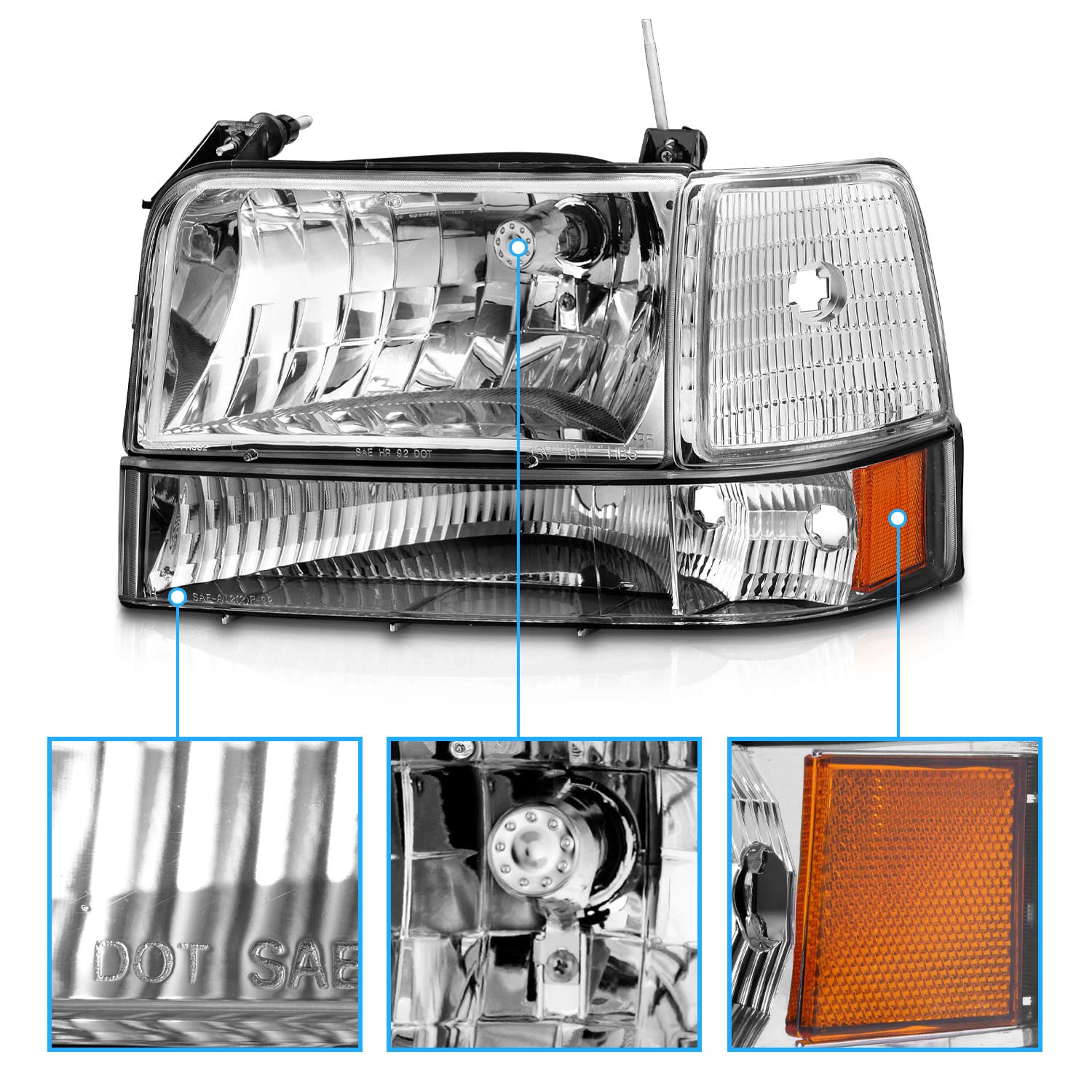 AmeriLite for 1992-1996 Ford F150 F250 F350 Bronco Truck Chrome Replacement Headlight Assembly w/Bumper Corner Lamp Set - Driver and Passenger Side