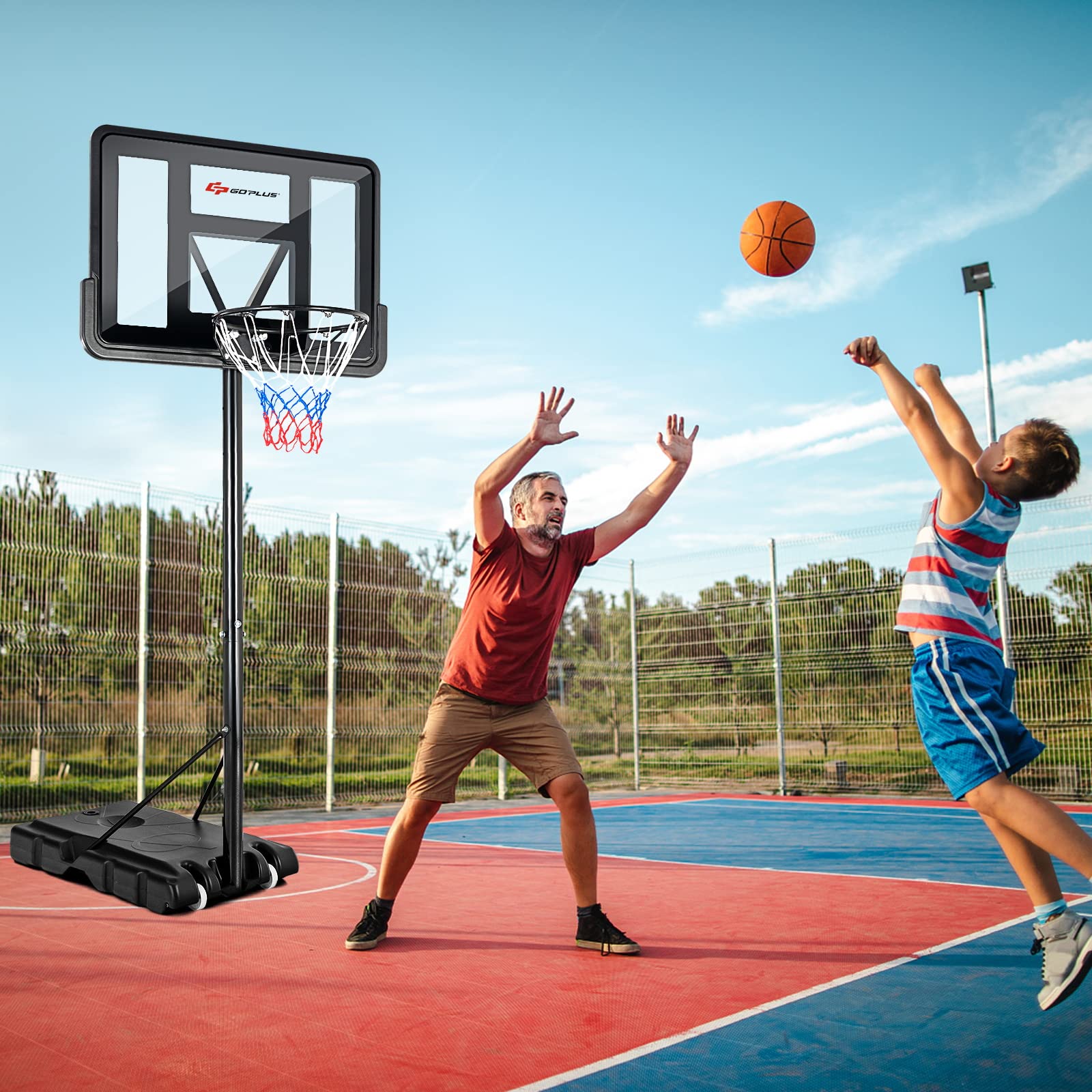 Goplus Portable Basketball Hoop, 10FT Height Adjustable Basketball Goal w/44‘’ Shatterproof Backboard, Outdoor Basketball Stand for Adults Teens Backyard Driveway (4.25-10FT, 12-Level, Upgrade Steel)