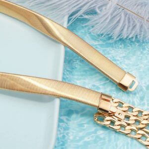 Wovanoo Skinny Stretch Belt Multilayer Metal Elastic Waist Belts Thin Waistband for Women Dress Gold