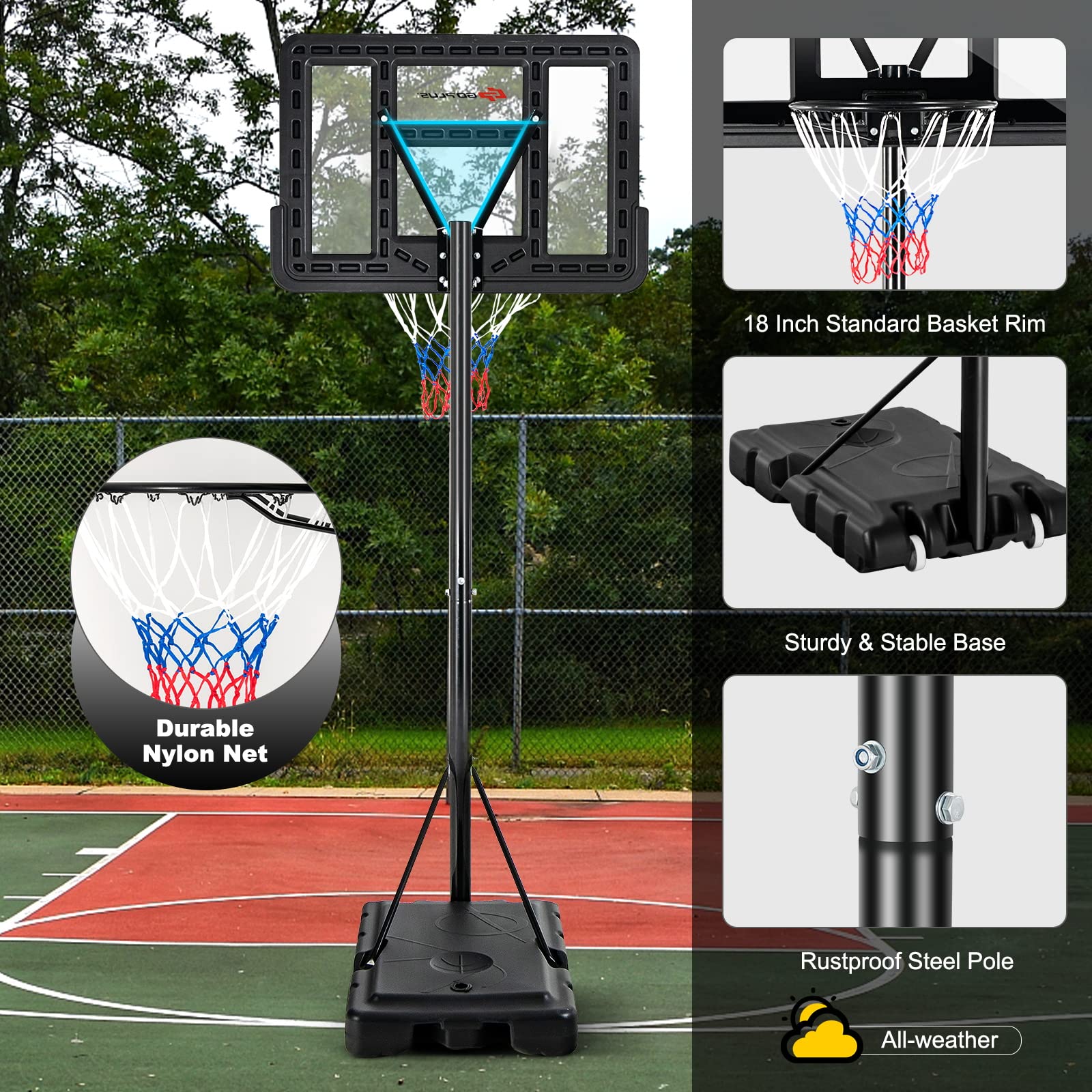 Goplus Portable Basketball Hoop, 10FT Height Adjustable Basketball Goal w/44‘’ Shatterproof Backboard, Outdoor Basketball Stand for Adults Teens Backyard Driveway (4.25-10FT, 12-Level, Upgrade Steel)