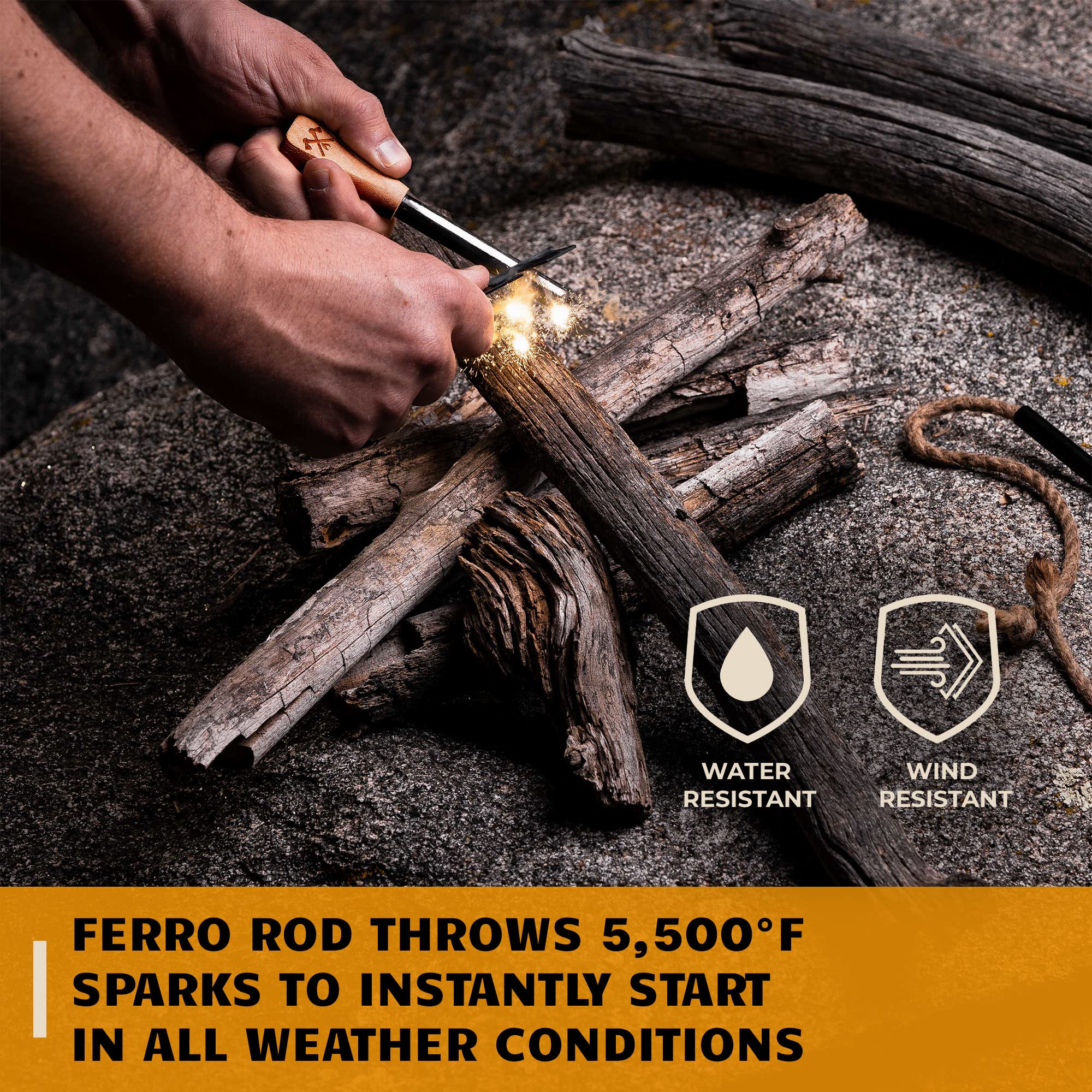 Ferro Rod Fire Starter Survival Tool | Flint and Steel w/ 4PK Jumbo Tinder Rope Fire Starters for Campfires Hiking Backpacking | Waterproof Magnesium Farrow Rod Tools