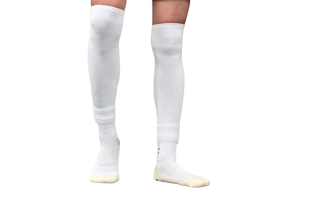 GRIP Soccer Socks with Shin Guard Sleeves & Straps | Durable and Comfortable Football Socks for Youth, Children, Girls & Adults | Non-Slip Fencing Socks for Training and Matches(White)