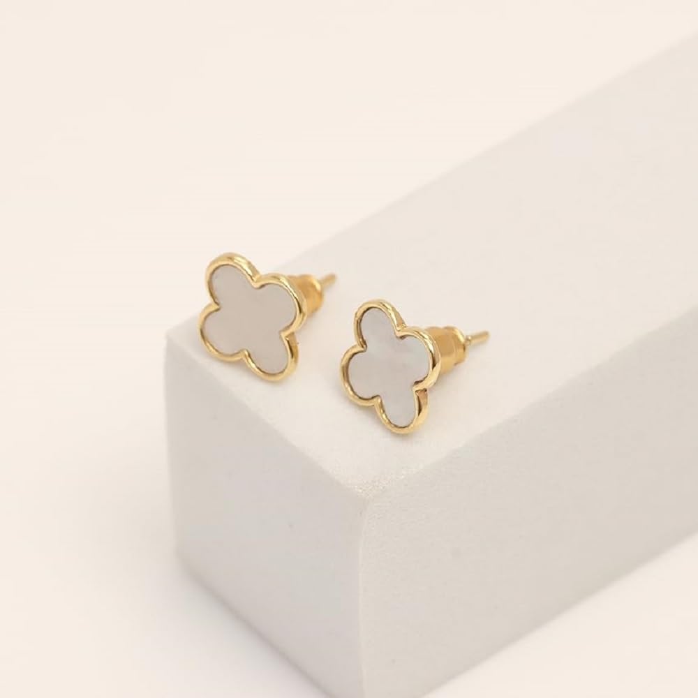 LeCalla 925 Sterling Silver Stud Earrings | 14K Gold-Plated Jewelry | Mother of Pearl Clover Leaf Stud Earring | Small Lightweight MOP Stud Earring for Women - 10mm