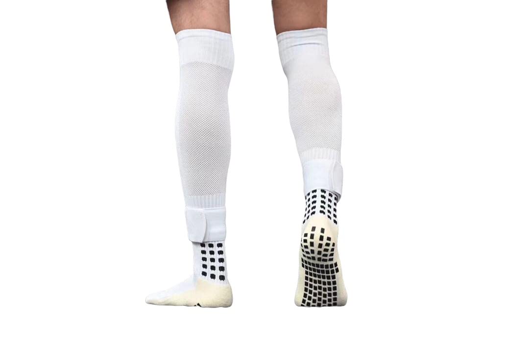 GRIP Soccer Socks with Shin Guard Sleeves & Straps | Durable and Comfortable Football Socks for Youth, Children, Girls & Adults | Non-Slip Fencing Socks for Training and Matches(White)