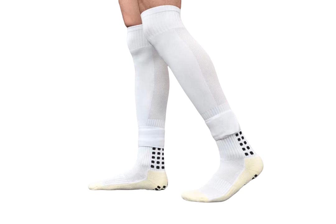 GRIP Soccer Socks with Shin Guard Sleeves & Straps | Durable and Comfortable Football Socks for Youth, Children, Girls & Adults | Non-Slip Fencing Socks for Training and Matches(White)