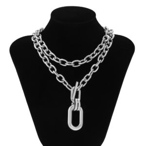 Rumtock 2pcs Silver Layered Chunky Chain Choker Necklace with Toggle Clasp Rectangle Oval Pendant Punk Jewelry for Women