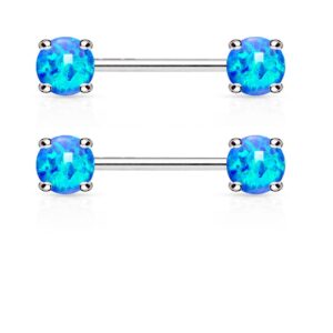 12mm Pair of Opal Prong Set Surgical Steel Barbells Nipplerings Nipple Rings 14G - Blue