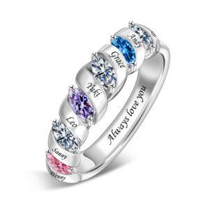 bauma auto personalized 1-6 birthstone rings family mothers ring custom engraved name rings for women grandma mom daughter (6 stones)