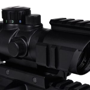 Ozark Armament Flip Up Backup Iron Sight & 4X Magnified Rifle Scope Bundle - Red, Blue, Green Illuminated Reticle for Use in All Light Condition - Mount to Any Picatinny Rail - All Metal Construction