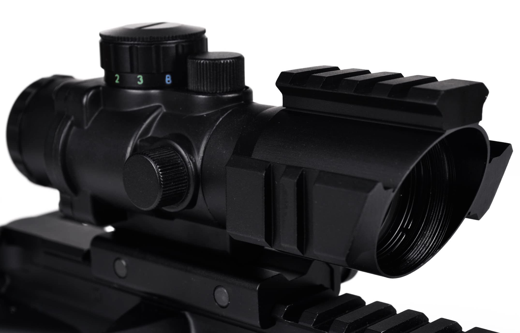 Ozark Armament Flip Up Backup Iron Sight & 4X Magnified Rifle Scope Bundle - Red, Blue, Green Illuminated Reticle for Use in All Light Condition - Mount to Any Picatinny Rail - All Metal Construction