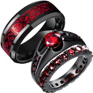 2in1 Black Bridal Ring Red Celtic Dragon Ring His and Hers Wedding Ring Sets Couples Rings for Lover Anniversary Engagement Promise Rings Bridal Sets