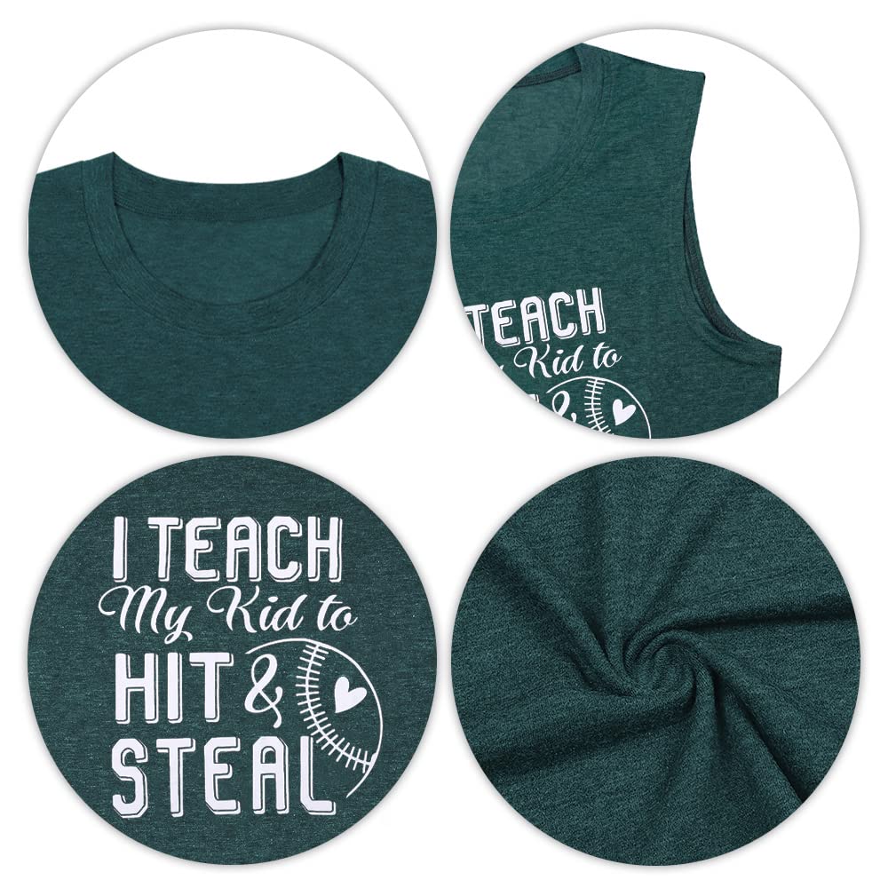 Baseball Tank Tops for Women I Teach My Kid to Hit and Steal Funny Letter Print Sleeveless Summer Graphic Tank Tops Baseball Mom Heart Tees Shirts Casual Cotton Tank Top (Green L)