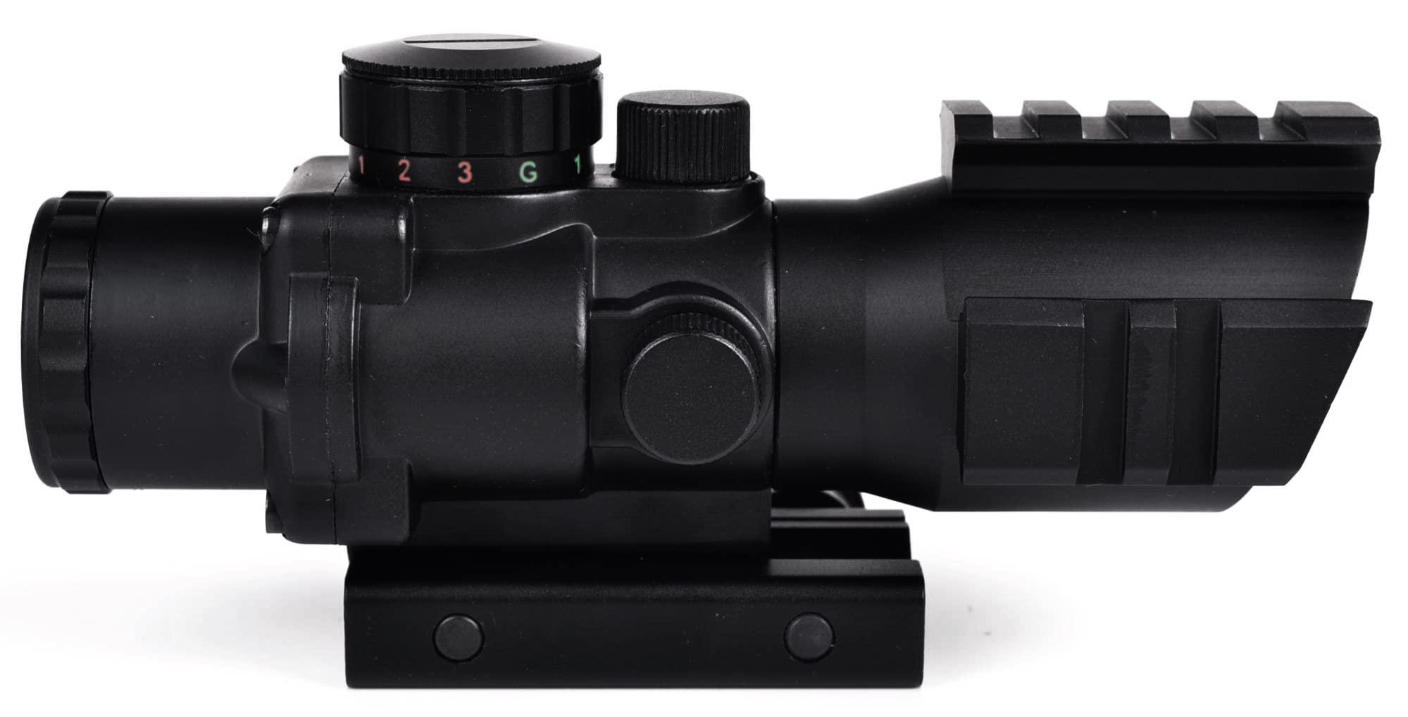 Ozark Armament Flip Up Backup Iron Sight & 4X Magnified Rifle Scope Bundle - Red, Blue, Green Illuminated Reticle for Use in All Light Condition - Mount to Any Picatinny Rail - All Metal Construction