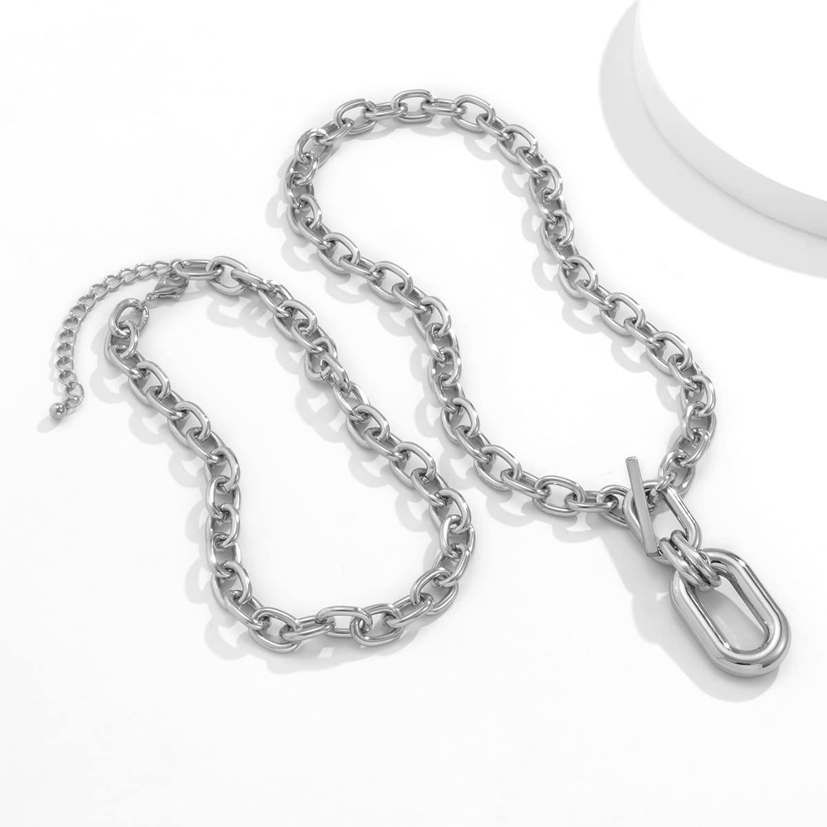 Rumtock 2pcs Silver Layered Chunky Chain Choker Necklace with Toggle Clasp Rectangle Oval Pendant Punk Jewelry for Women