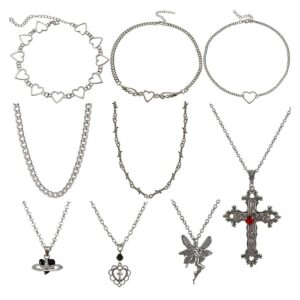 benbiyo 9 pcs grunge necklace set goth cross saturn thorns gothic angel heart wing chain choker necklace for women teen girls