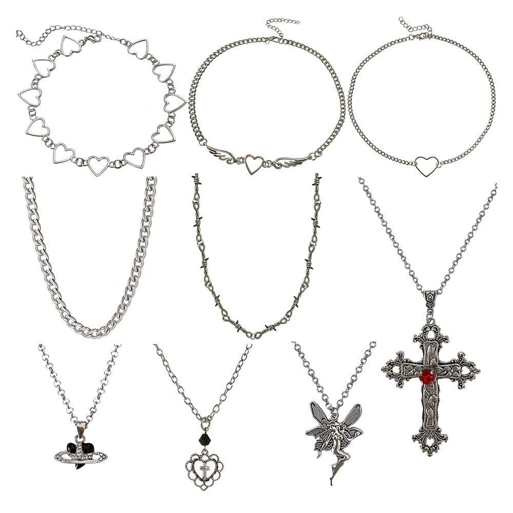 BENBIYO 9 PCS Grunge Necklace Set Goth Cross Saturn Thorns Gothic Angel Heart Wing Chain Choker Necklace for Women Teen Girls