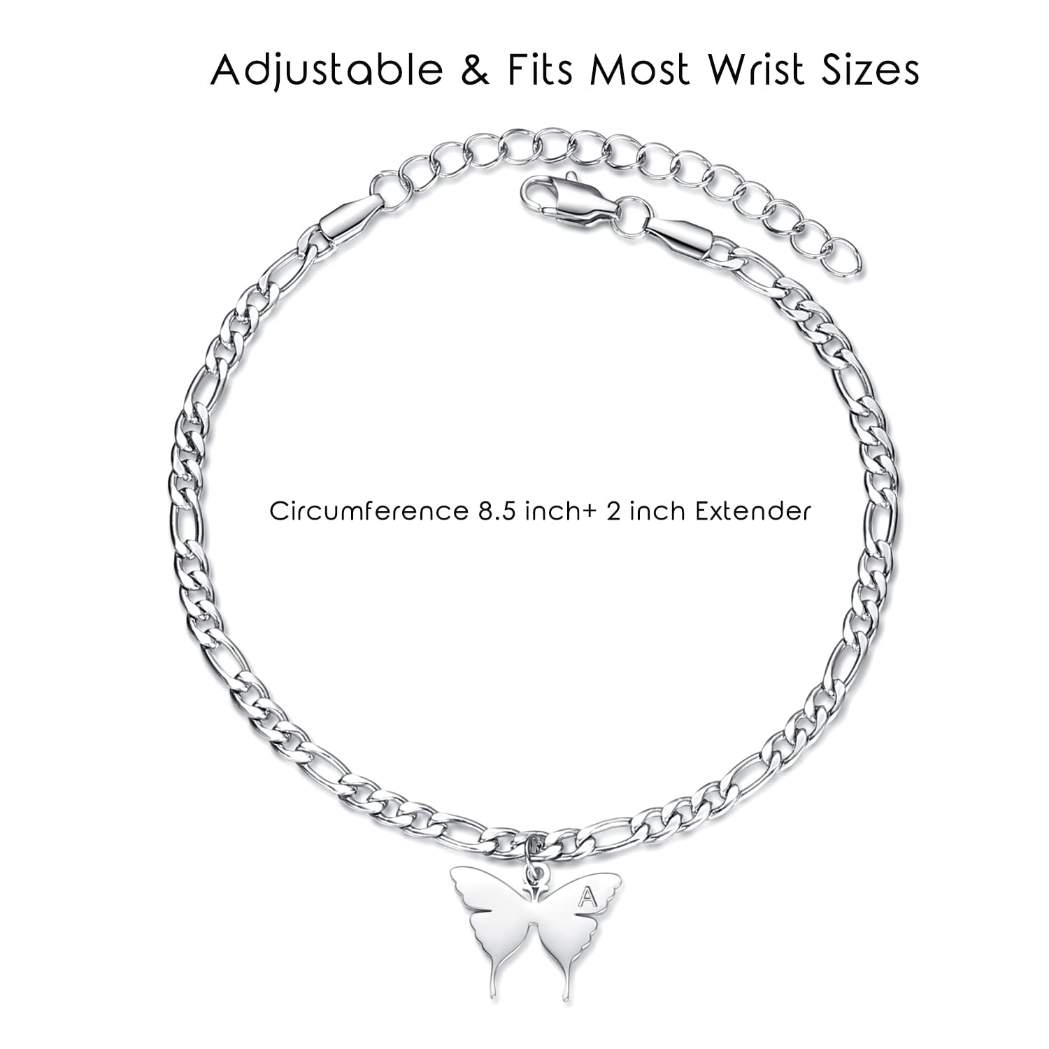 TONY & SANDY Initial Anklet Silver Ankle Bracelets for Women Figaro Chain Butterfly Anklet Waterproof Summer Beach Foot Jewelry Personalized Gifts for Women Presents, A