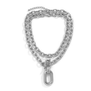 Rumtock 2pcs Silver Layered Chunky Chain Choker Necklace with Toggle Clasp Rectangle Oval Pendant Punk Jewelry for Women