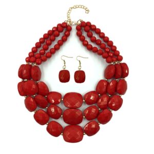 meqnoig 3 layered beaded statement necklaces for women handmade acrylic red bead necklace boho chunky necklace costume jewelry (a red)