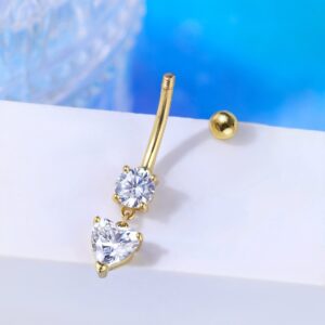 CM Crareesi Mania 14K Gold Belly Rings for Women Dangle CZ Belly Button Rings 14K Solid Yellow Gold Belly Button Piercing Jewelry 14G Heart Navel Piercing Jewelry