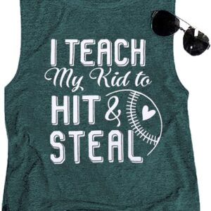 Baseball Tank Tops for Women I Teach My Kid to Hit and Steal Funny Letter Print Sleeveless Summer Graphic Tank Tops Baseball Mom Heart Tees Shirts Casual Cotton Tank Top (Green L)