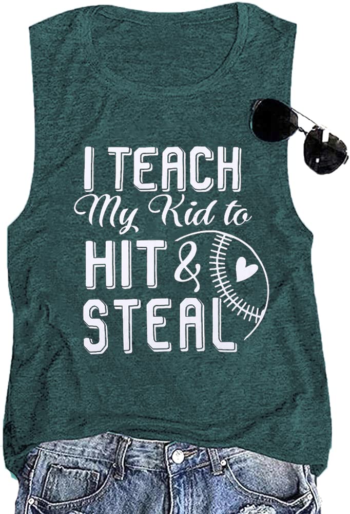 Baseball Tank Tops for Women I Teach My Kid to Hit and Steal Funny Letter Print Sleeveless Summer Graphic Tank Tops Baseball Mom Heart Tees Shirts Casual Cotton Tank Top (Green L)