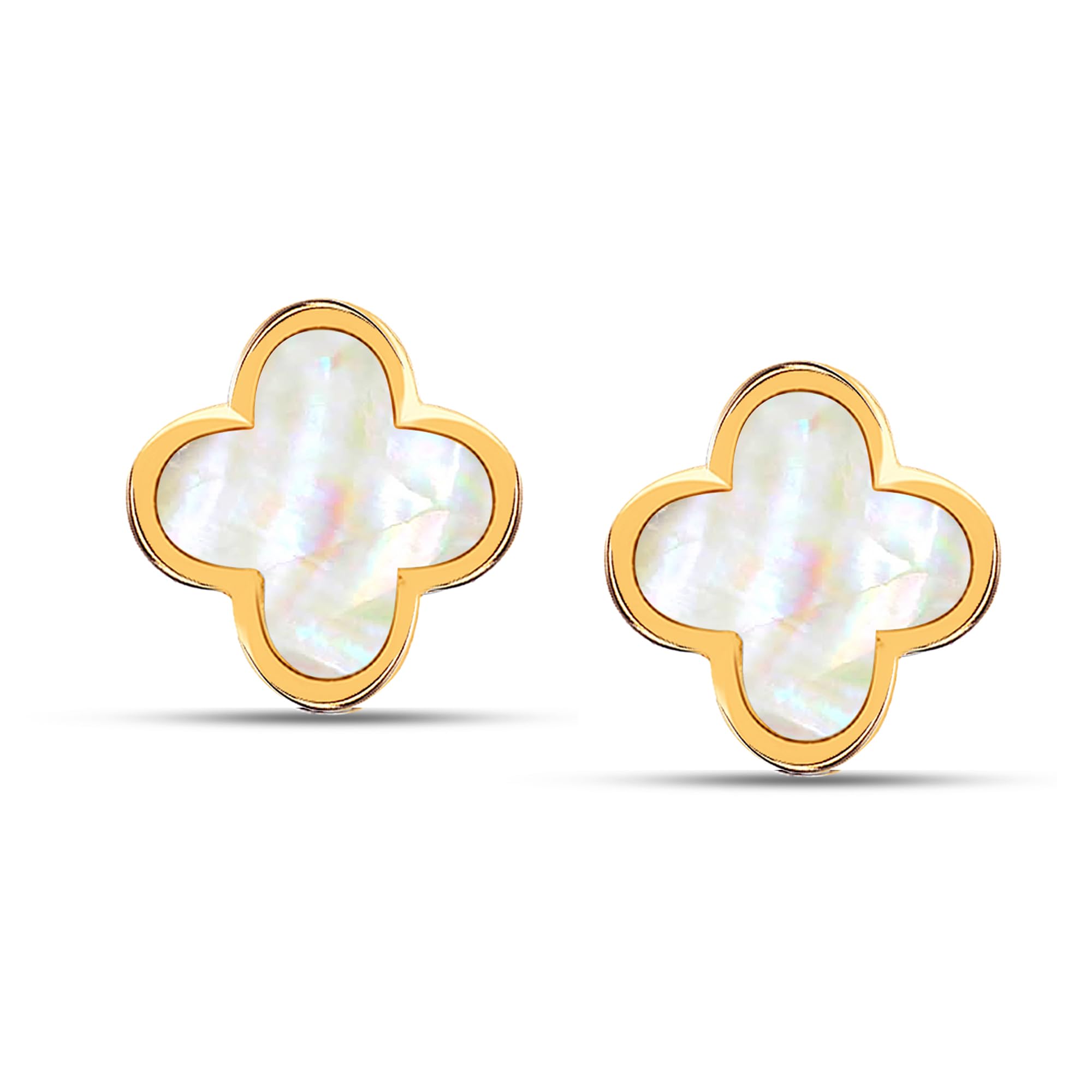 LeCalla 925 Sterling Silver Stud Earrings | 14K Gold-Plated Jewelry | Mother of Pearl Clover Leaf Stud Earring | Small Lightweight MOP Stud Earring for Women - 10mm