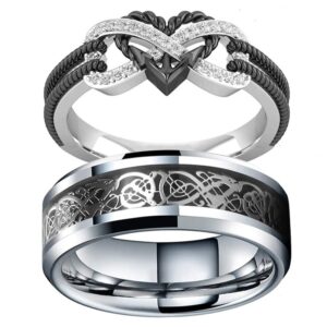 Infinite Love Heart Shaped Ring Set for Her and Him Silver Celtic Dragon Ring Matching Lover Couple Rings for Wedding Bands Anniversary Engagement Promise Rings Bridal Sets