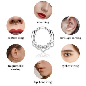 12PCS 16G Septum Clicker Ring 316L Stainless Steel Septum Ring CZ Opal Cartilage Helix Tragus Hoop Daith Earrings Hinged Segment Clicker Ring Zirconia Nose Rings Hoop 10MM Nose Piercing Jewelry Silver