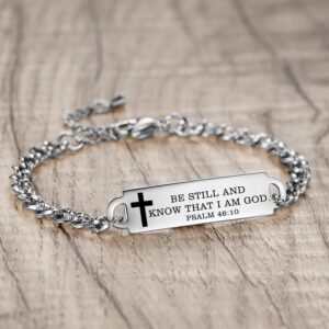 AOAMID Bible Verse Bracelet-Stainless Steel Faith Christian Bracelet for Women, Mantra Quotes Christian Gifts for Her (Silver,Be still and know that I am God. Psalm 46:10)