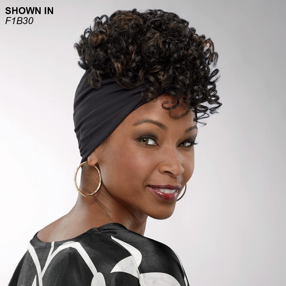 Especially Yours Holland Headband Wig On-Trend Updo of Bouncy Natural Curls with Wide Stretch Band/Runway Shades of Black