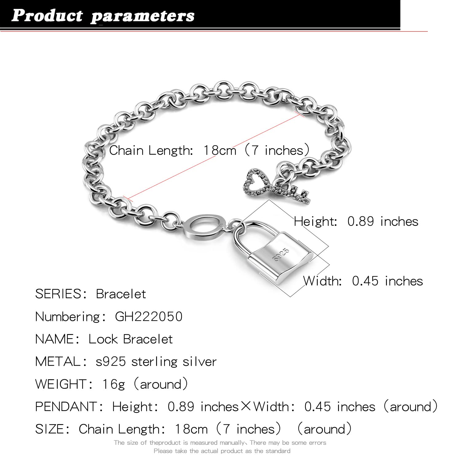 H&Beautimer 925 Sterling Silver Bracelet For Women's - Italian Handmade Rolo Chain 6.3, 6.7, 7.1, 7.5, 8 Inch - AAAAA CZ Zircon Heart/Lock Pendant Bracelet - Fine Jewelry (Lock Pendant, 6.3 inches)