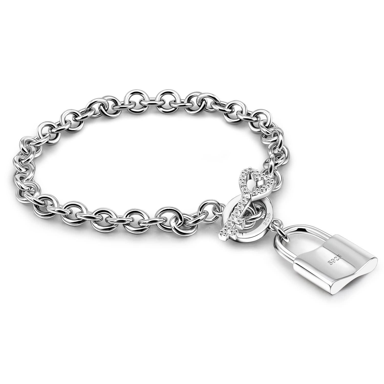 H&Beautimer 925 Sterling Silver Bracelet For Women's - Italian Handmade Rolo Chain 6.3, 6.7, 7.1, 7.5, 8 Inch - AAAAA CZ Zircon Heart/Lock Pendant Bracelet - Fine Jewelry (Lock Pendant, 6.3 inches)