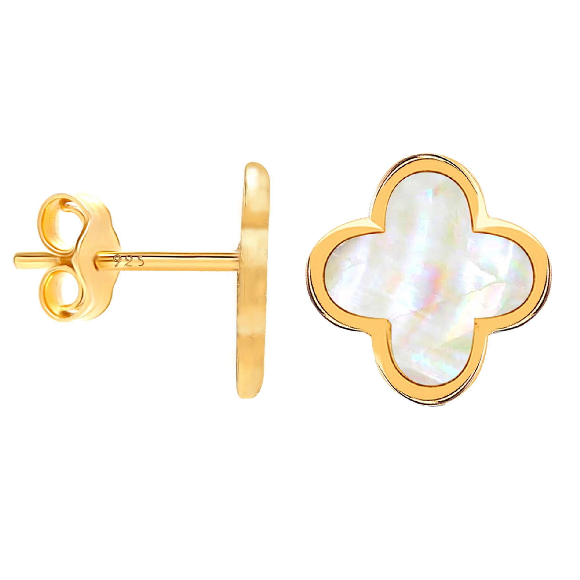 LeCalla 925 Sterling Silver Stud Earrings | 14K Gold-Plated Jewelry | Mother of Pearl Clover Leaf Stud Earring | Small Lightweight MOP Stud Earring for Women - 10mm