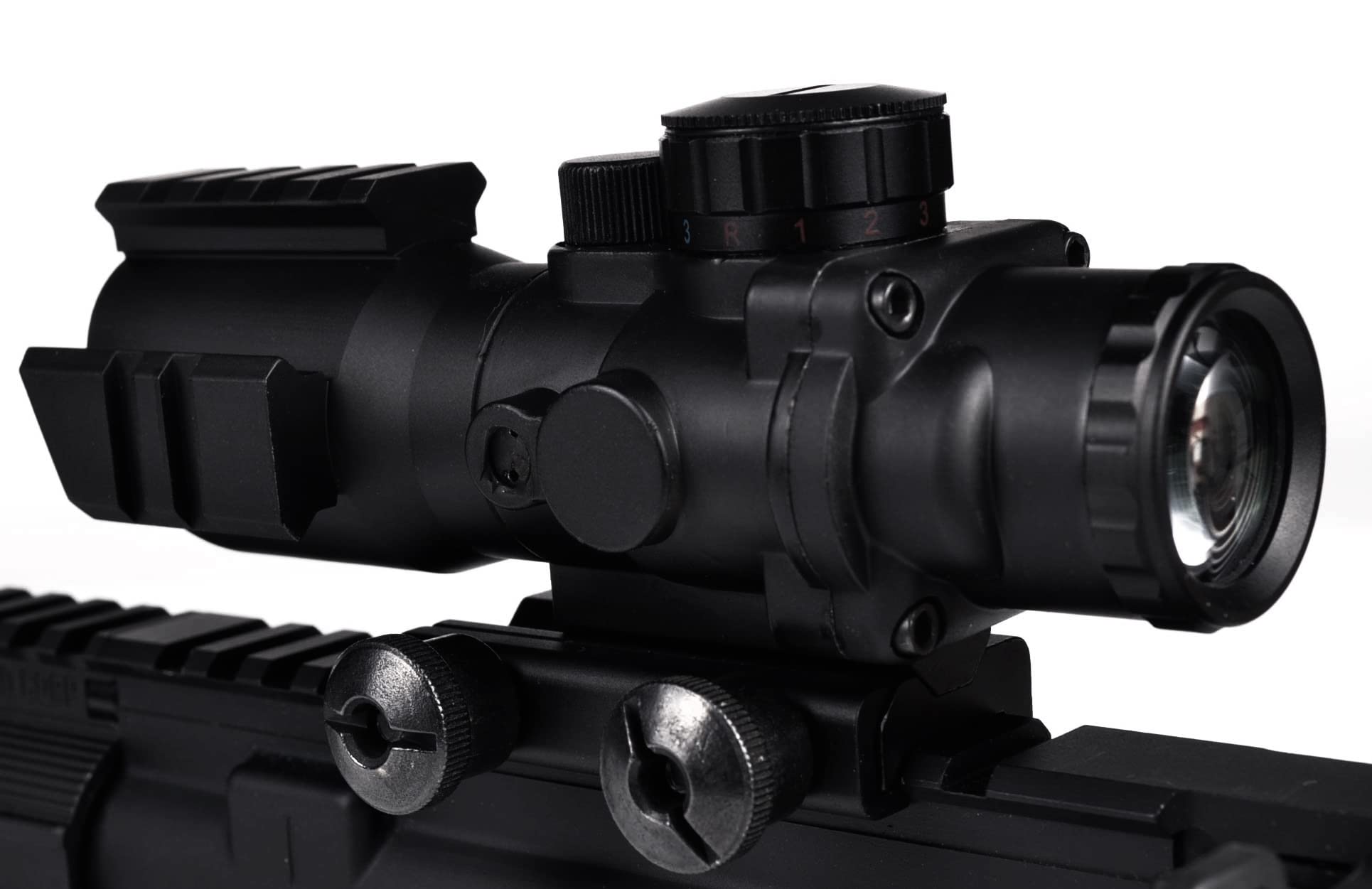 Ozark Armament Flip Up Backup Iron Sight & 4X Magnified Rifle Scope Bundle - Red, Blue, Green Illuminated Reticle for Use in All Light Condition - Mount to Any Picatinny Rail - All Metal Construction