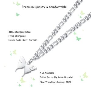 TONY & SANDY Initial Anklet Silver Ankle Bracelets for Women Figaro Chain Butterfly Anklet Waterproof Summer Beach Foot Jewelry Personalized Gifts for Women Presents, A