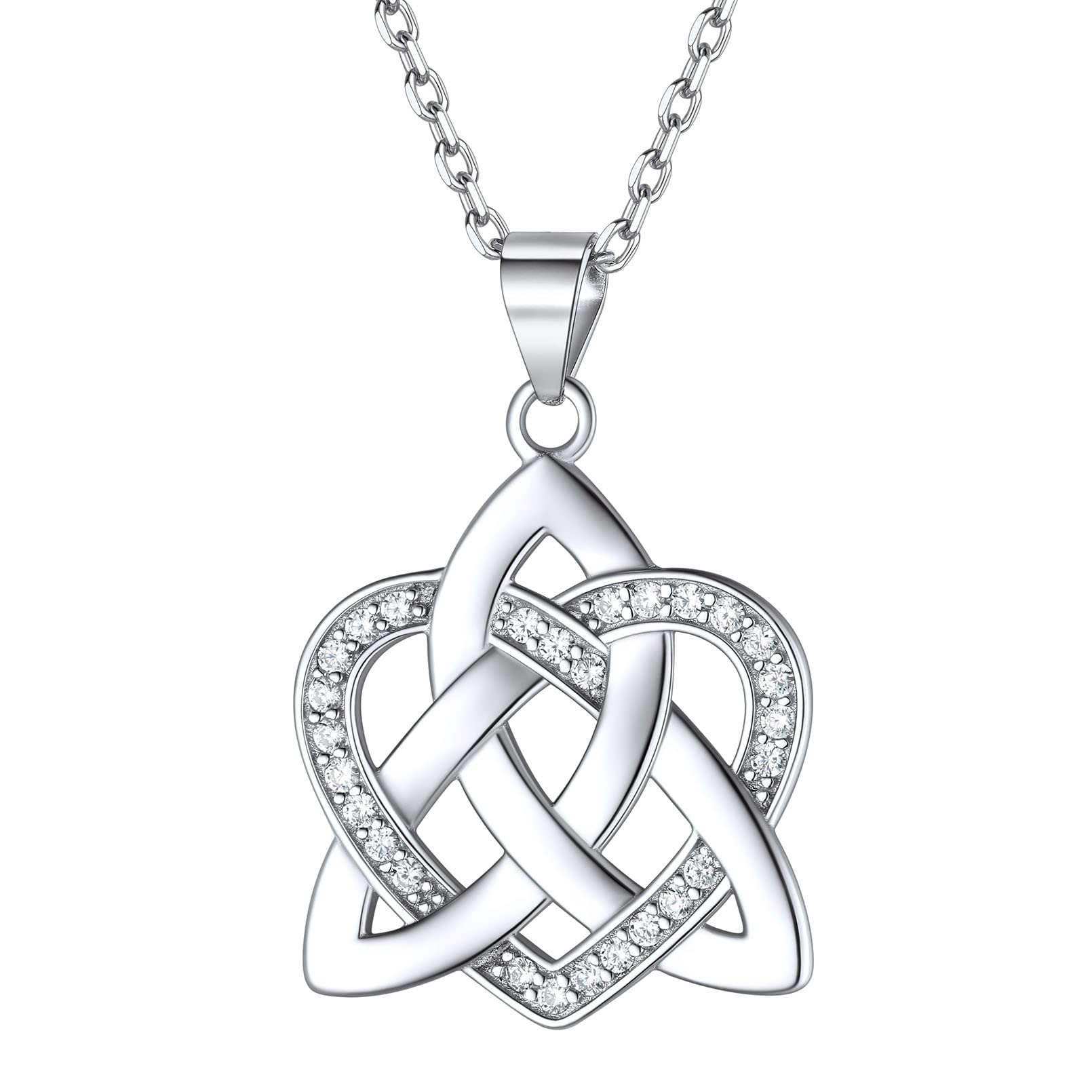 ChicSilver Irish Celtic Knot Necklace 925 Sterling Silver Cubic Zirconia Trinity Heart Pendant Necklace Good Luck Celtic Jewelry for Women