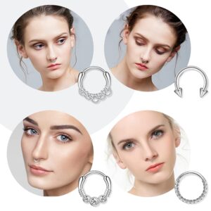 12PCS 16G Septum Clicker Ring 316L Stainless Steel Septum Ring CZ Opal Cartilage Helix Tragus Hoop Daith Earrings Hinged Segment Clicker Ring Zirconia Nose Rings Hoop 10MM Nose Piercing Jewelry Silver